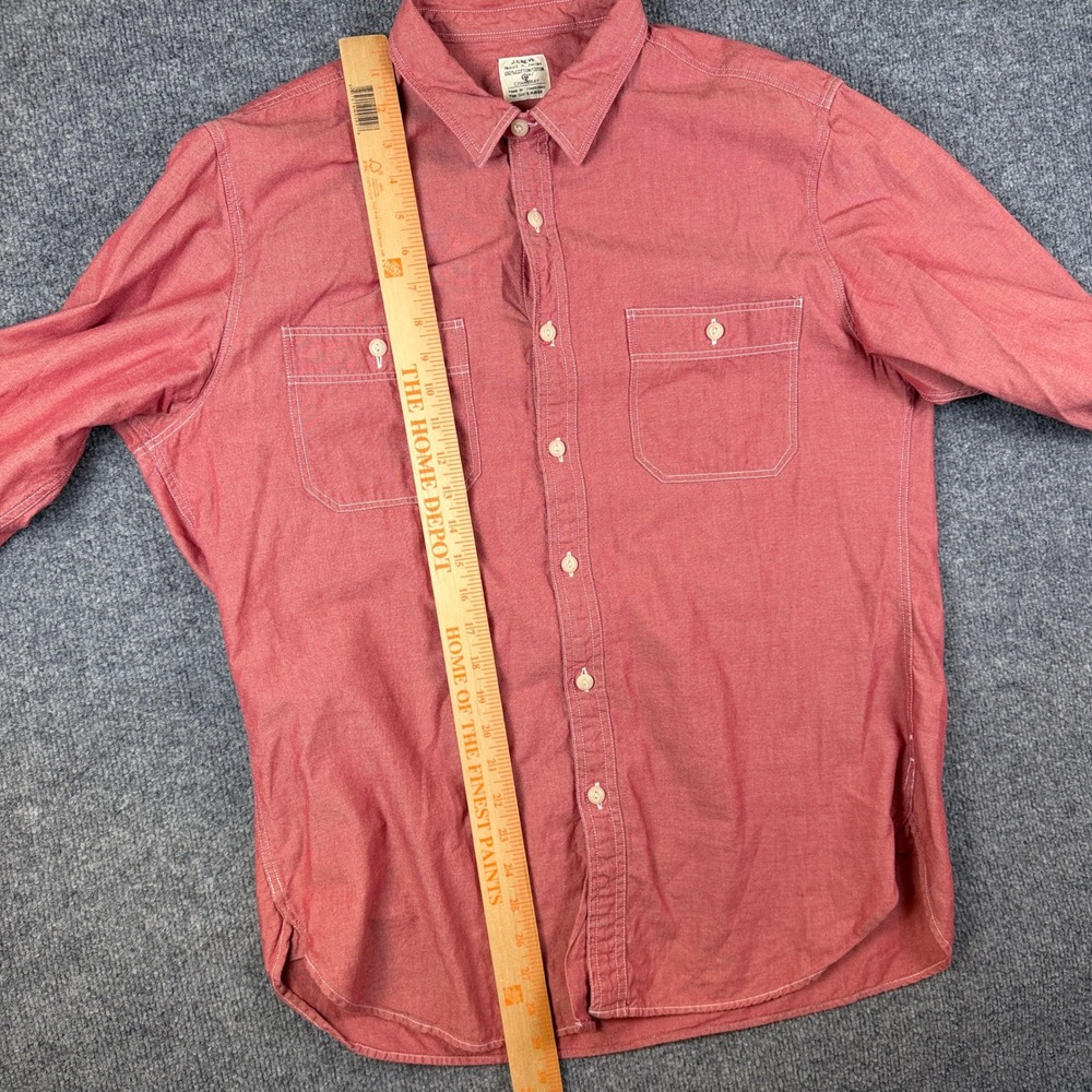 J Crew Chambray Shirt Mens L Pastel Red Long Sleeve Work Utility Chin Strap - Picture 8 of 10